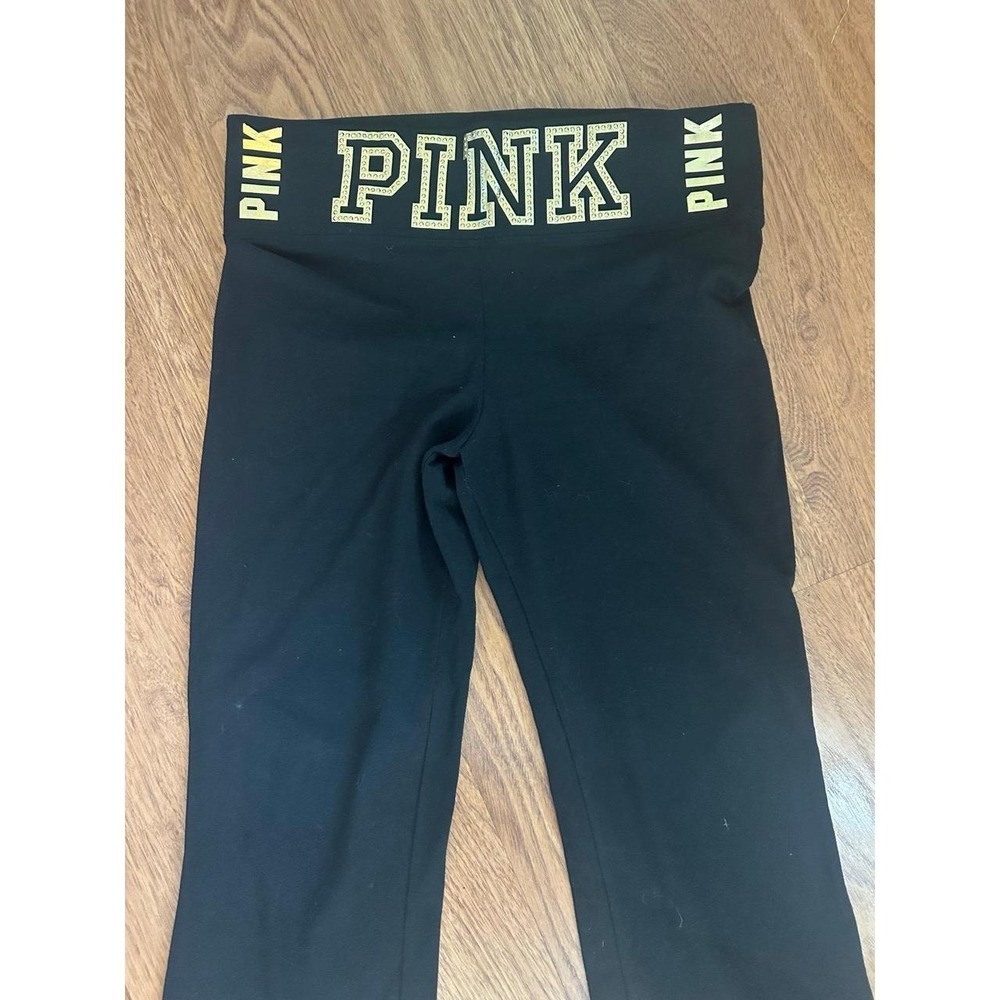 PINK Yoga Pants Wide Leg Sz S/P Gold Studs Logo Lounge Comfy Black